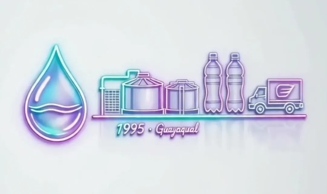 Dibujo en neón de la gota de Agualife, la planta, las botellas y el camión, con el texto 1995 Guayaquil