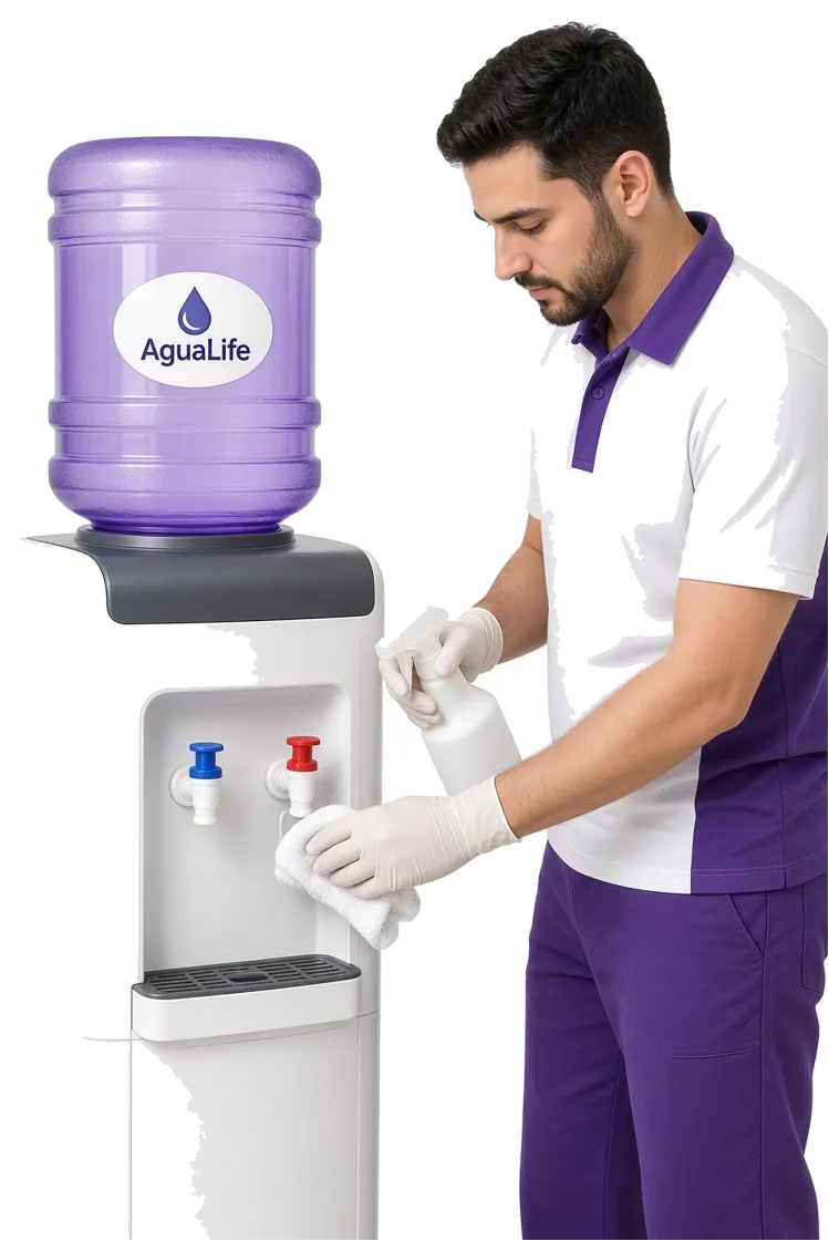 Técnico de Agualife limpiando un dispensador de agua con botellón morado